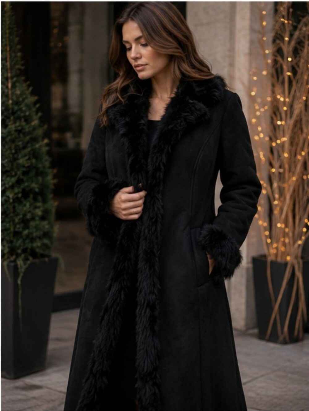 Masseys Black Long Faux Fur Trim Coat Women’s XL Elegant Winter - Picture 15 of 16